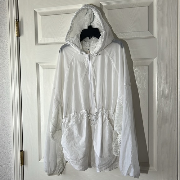 Free People FP Movement Lace Panel Retro Style Hooded Windbreaker White, Sz M - Picture 2 of 10